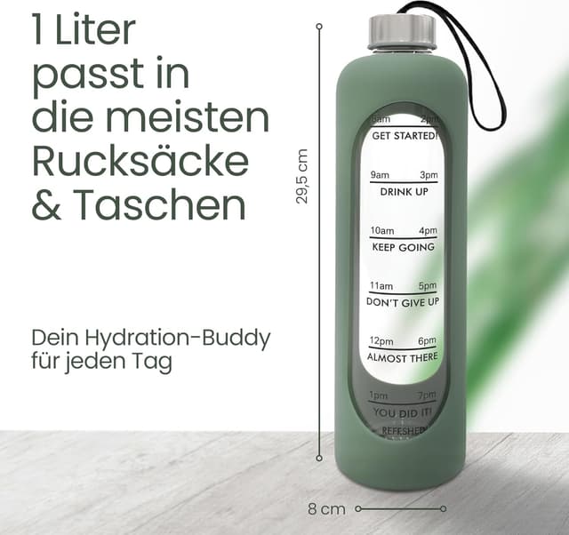 Thumbnail 6 de Amalindo Trinkflasche Glas 1L (kohlensäuregeeignet) mit Bürste & Silikonhülle – Olivgrün
