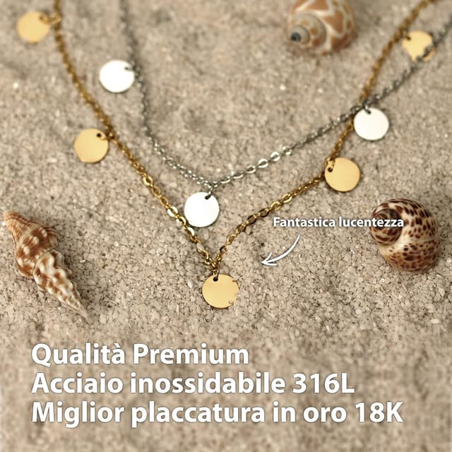 Detalle 2 de BONNYBIRD BonnyCoin collana estiva donna in acciaio inox argento, oro e oro rosa regolabile 38–44 cm, impermeabile e senza nichel