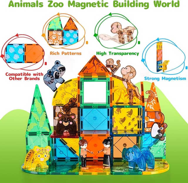 Detalle de Magnetic Tiles for Kids 62PCS set with 3D animals & forest theme (UKCA certified) – STEM magnetic building blocks