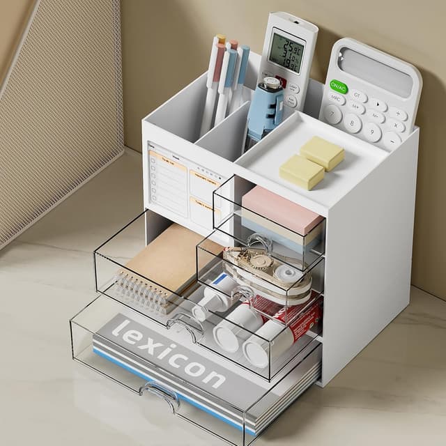 Detalle de RISEMART Schreibtisch-Organizer mit 3 Schubladen und 5 Fächern – Stifthalter, Ablage & stapelbare Ordnung für Büro und Zuhause