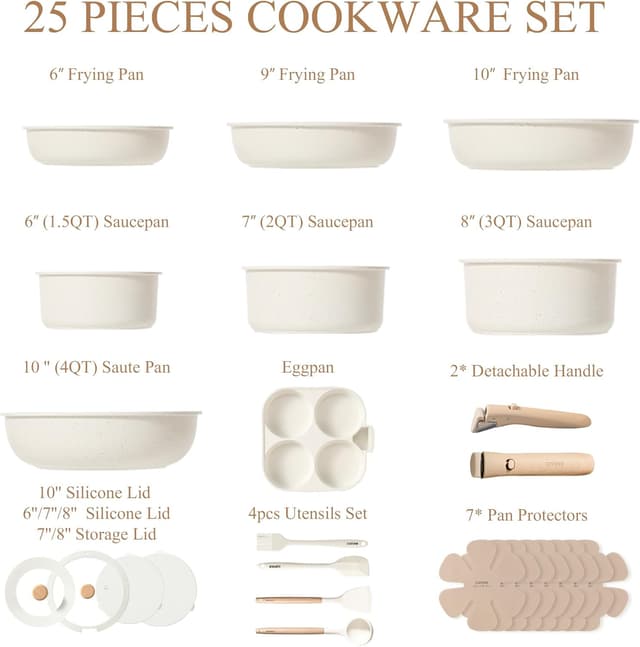 Detalle 2 de CAROTE Detachable Handle Nonstick Pots and Pans Set (Cream) — Space-Saving Cookware Collection for Induction, Oven & Dishwasher