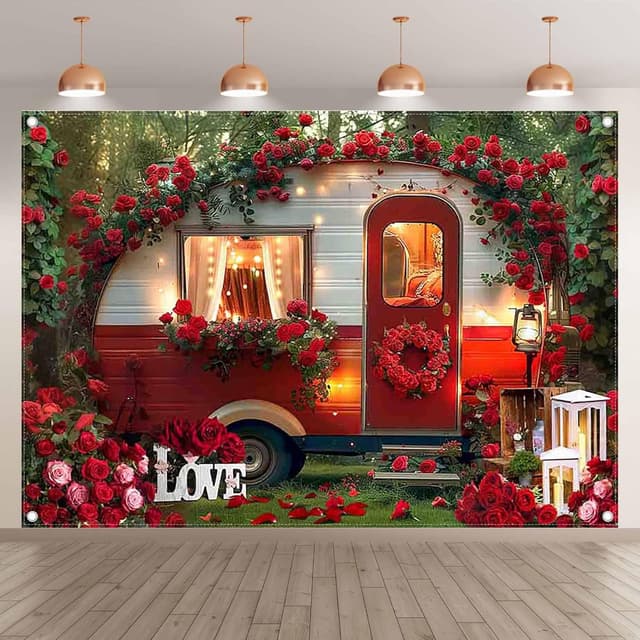 Detalle 2 de Luminora Fabric Happy Valentine’s Day Photography Backdrop (7x5ft, red romantic car & rose forest)
