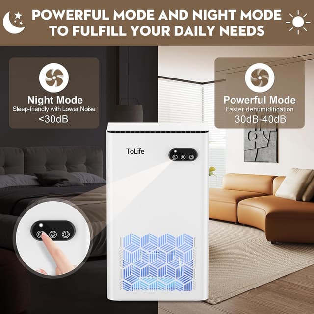 Detalle de ToLife Home Dehumidifier (1000 sq.ft) with 95 OZ Tank, Auto Shut Off, 7-Color LED Light