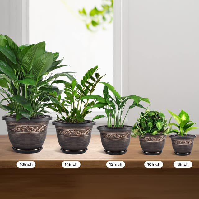 Detalle de Pottiffe 40cm plastic plant flower planters (3-pack) with drainage holes and saucers