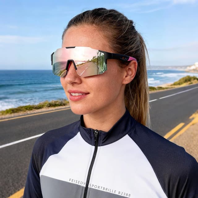 Detalle 2 de FEISEDY Sport Sonnenbrille für Fahrrad, MTB & Rennrad – UV400, verspiegelte Gläser (B2388)