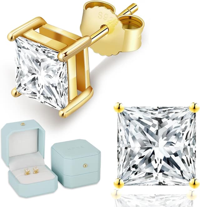 Detalle de KRKC&CO Moissanit Ohrringe aus Silber 925 für Damen (Prinzess-Schliff, Farbe D, VVS1) – Ohrstecker vergoldet/Weißgold & schwarz plattiert