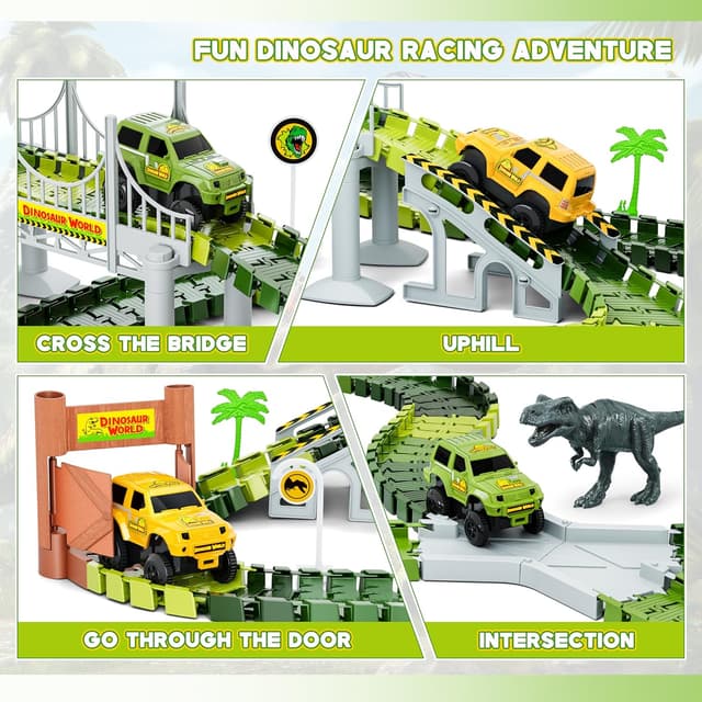 Detalle de Dinosaur Tracks 271-Piece Flexible Dinosaur World Road Race Train Track Set (Race Cars + Dinosaur Figures) for Ages 3+