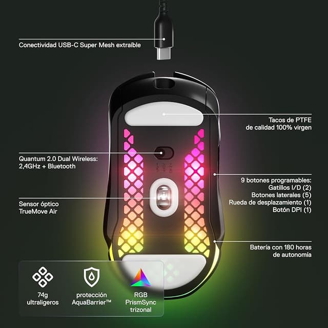Detalle 2 de SteelSeries Aerox 5 Wireless — ratón gaming ultraligero 9 botones