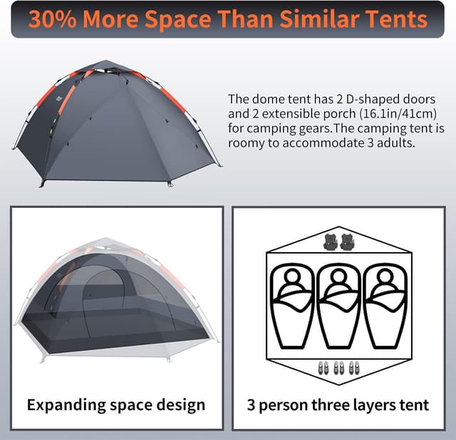 Detalle de Cflity Camping Tent 3-Man Instant Pop Up Dome (Waterproof, Removable Rain-Fly, 2 Extensible Porches)