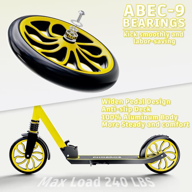 Detalle 2 de PHOEROS Tretroller für Kinder 6–12 Jahre, Jugendliche & Erwachsene – faltbar, 3-fach höhenverstellbar mit Stoßdämpfung