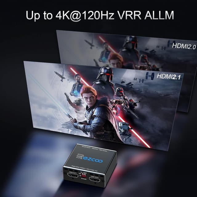 Detalle de ROFAVEZCO HDMI 2.1 Splitter 4K 120 Hz (1×2) mit EDID-Scalern, VRR/ALLM & HDR10/Dolby Vision
