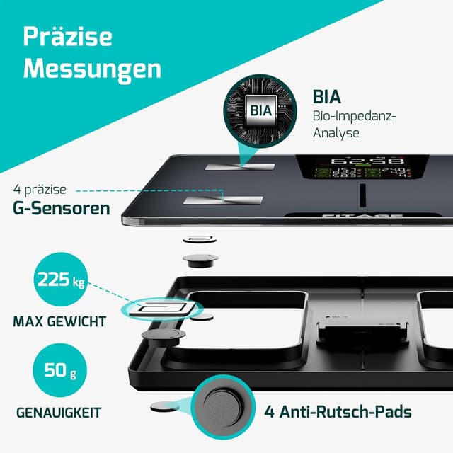 Detalle de Digitale Personenwaage „Testsieger 2025“ – Körperanalysewaage bis 225 kg mit App & 17 Messwerten (Schwarz)