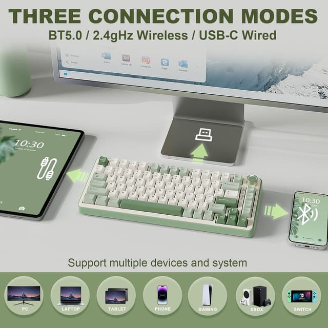 Detalle de YUNZII B75 PRO 75%-Gaming-Tastatur kabellos mit Drehknopf, Hot Swap, BT/2.4G/Type-C (Matcha Green & Cocoa Cream V2)