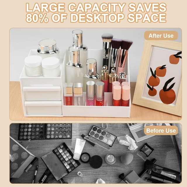 Detalle de URAQT Makeup Organizer Storage Drawers (Large Capacity) – 2 drawers cosmetic storage box for vanity, bathroom or bedroom