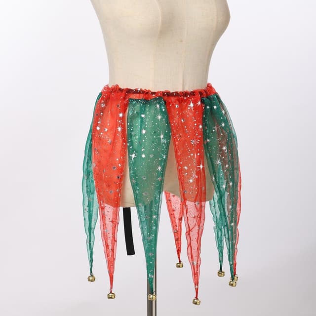 Detalle de CAMDOM viktorianischer Netzkragen mit Glöckchen – Clown-/Karnevalskragen für Erwachsene (Rot/Grün/Schwarz)