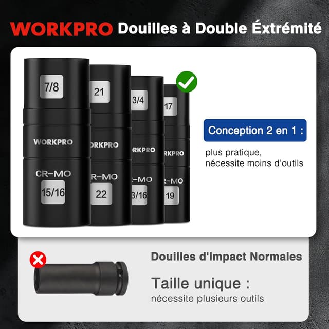 Thumbnail 5 de WORKPRO Douilles à Choc 1/2 Flip CR-Mo