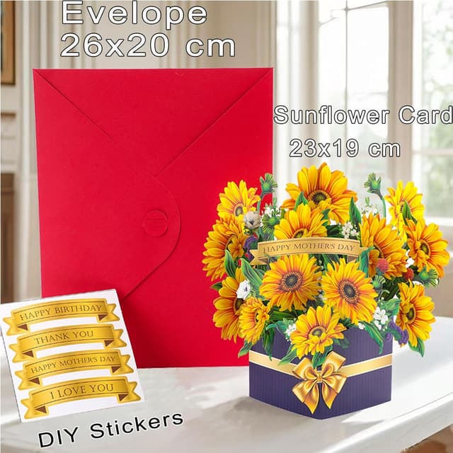 Detalle de Joybble 3D Sunflower Pop-Up Birthday Card for Women (with envelope) – personalised flower card for mum, daughter & more