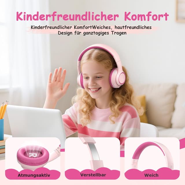 Detalle de TONOSHARK Bluetooth Kinderkopfhörer Over-Ear (Noise Cancelling), Rosa – kabellos mit Mikrofon & 60h Spielzeit inkl. Tragetasche
