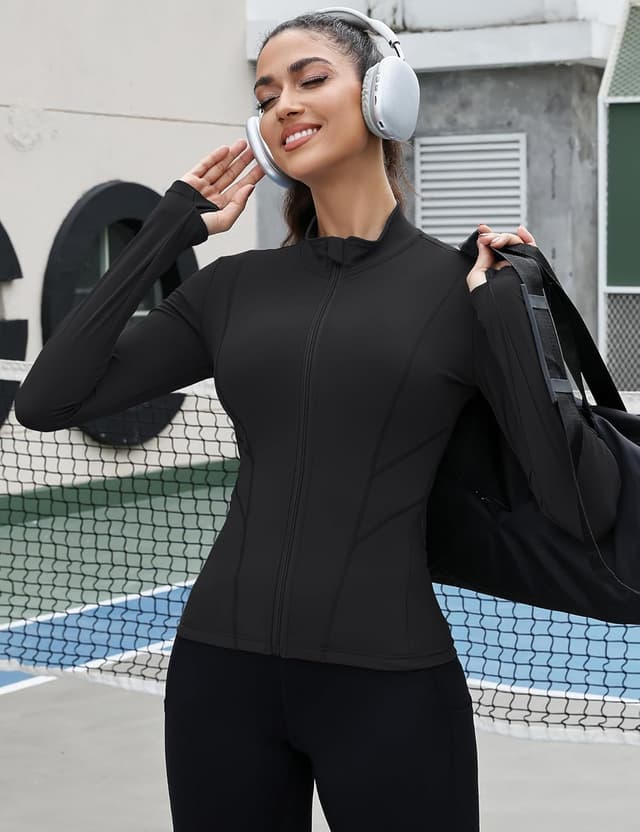 Detalle 2 de Rapbin Damen Laufjacke Sport-Oberteil mit 4-Wege-Stretch, Daumenloch und seitlichem Reißverschluss