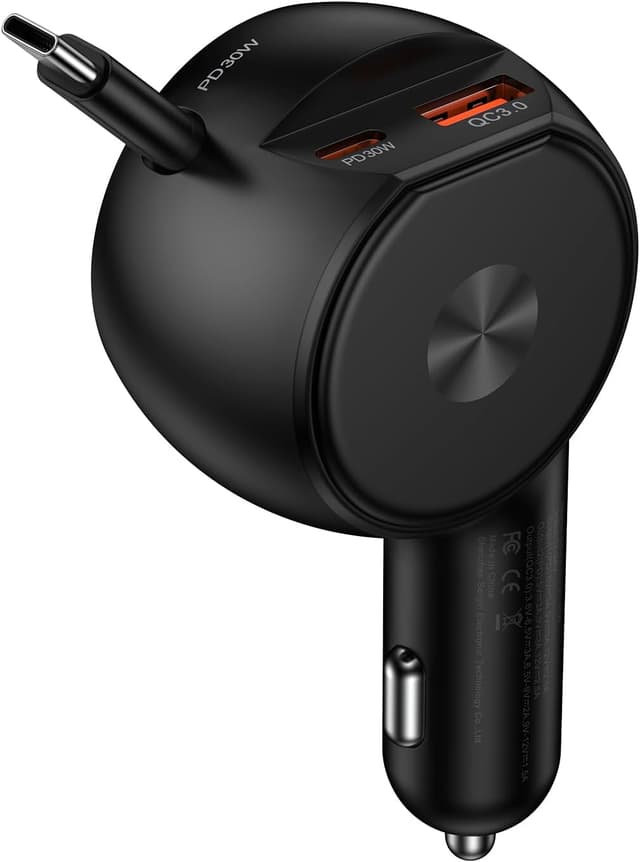 Detalle de Ouorkee 3-in-1 Zigarettenanzünder USB-C Auto-Ladegerät (30W+30W+18W) mit ausziehbarem Kabel