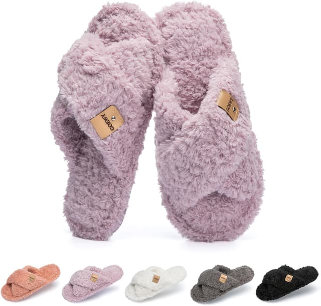 Detalle de GOEWY Weiche Damen-Hausschuhe mit Memory Foam und offener Zehenpartie – weiche Trend-Slides für Schlafzimmer