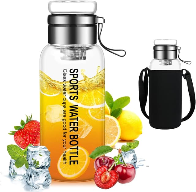 Detalle de flintronic 1L borosilicate glass water bottle with stainless steel infuser and leak-proof lid