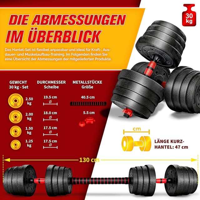 Detalle de RE:SPORT 2-in-1 Hanteln Set 15–30 kg (Kurzhantel & Langhantel), verstellbar mit Verbindungsrohr