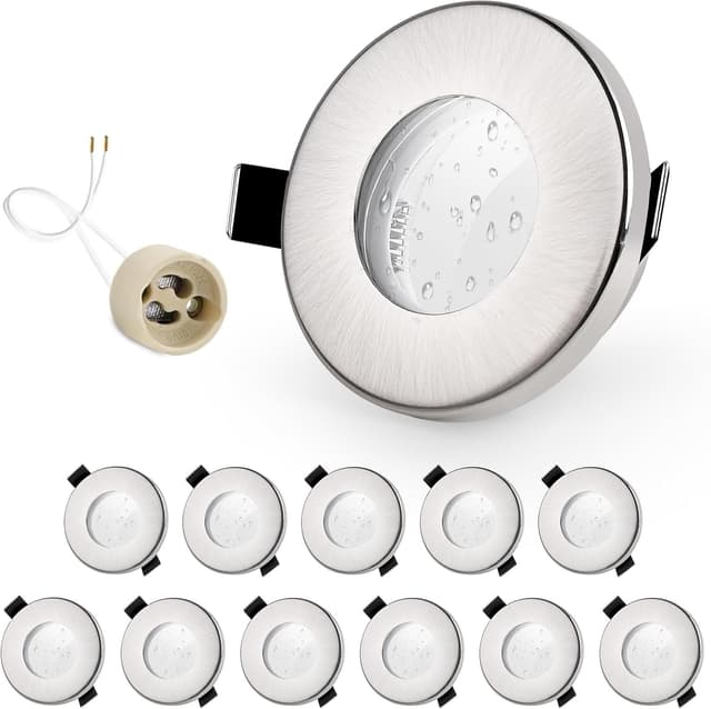 Detalle de GeyouLux 12er Set Einbaustrahler-Rahmen IP65 für GU10 (Eisen Nickel), Lochmaß 68 mm