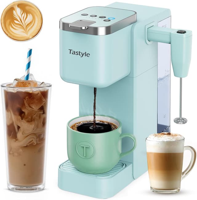 Detalle de Tastyle Single Serve Coffee Maker with Detachable Milk Frother (Teal) – Hot & Iced for K-Cups or Grounds