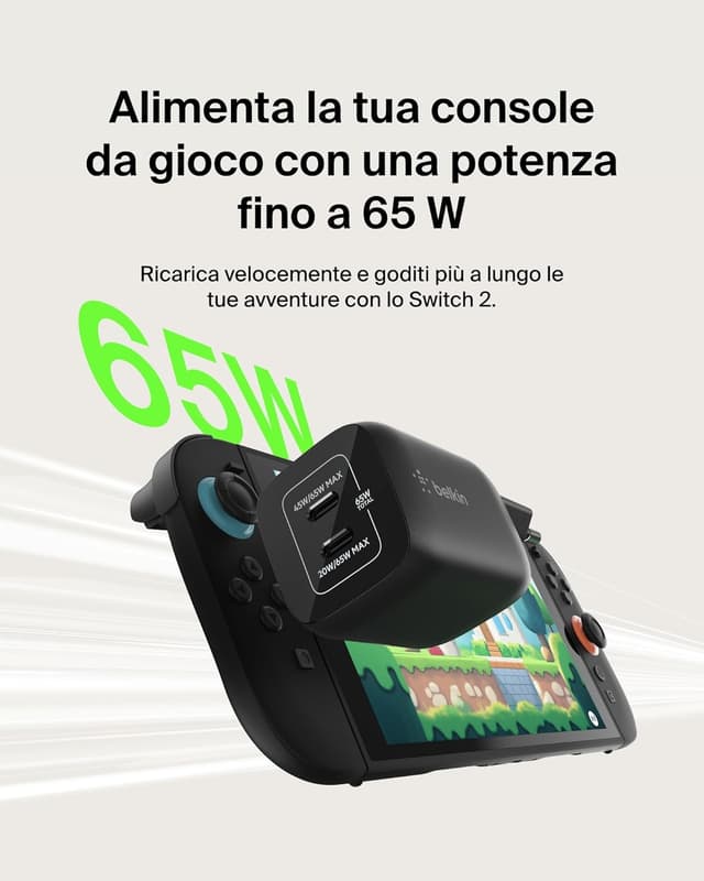 Detalle 2 de Belkin Gaming Doppio Caricatore da Muro USB-C da 65W con GaN per Nintendo Switch 2 e dispositivi USB-C PD (nero)