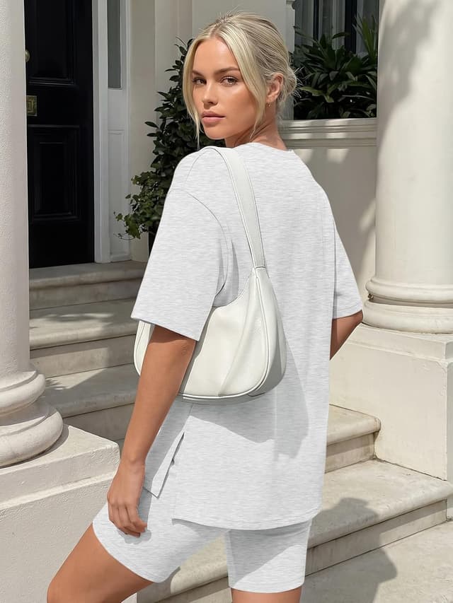 Detalle de LILLUSORY Women’s Lounge Sets: Rayon-Spandex Shorts 2-Piece Pajamas (Relaxed Tee + Biker Shorts)