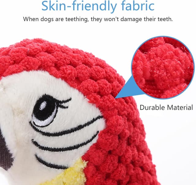Detalle de OWITER Parrot Squeaky Dog Toy with Crinkle Tail & Rope Feet (red parrot) for small, medium and large dogs