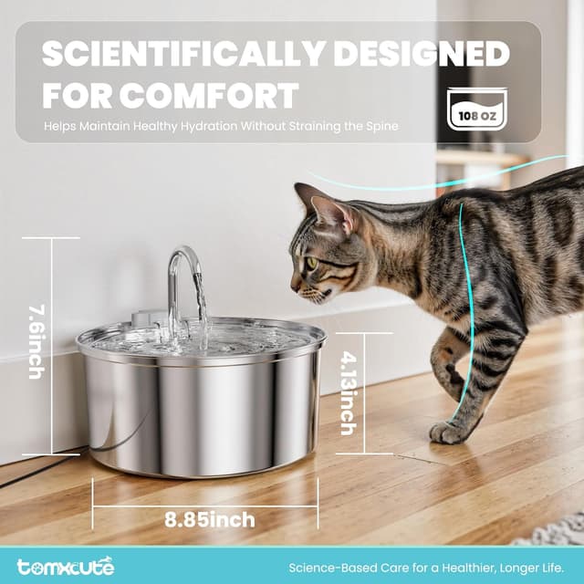 Detalle 2 de TOMXCUTE 3.2L Stainless Steel Cat Water Fountain with Upgraded Pump & Replacement Filters