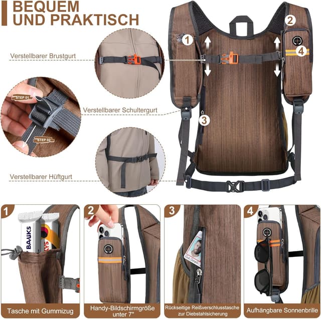 Detalle 2 de BECOJADDE 18L Hiking Backpack – Foldable lightweight mini rucksack in chocolate brown