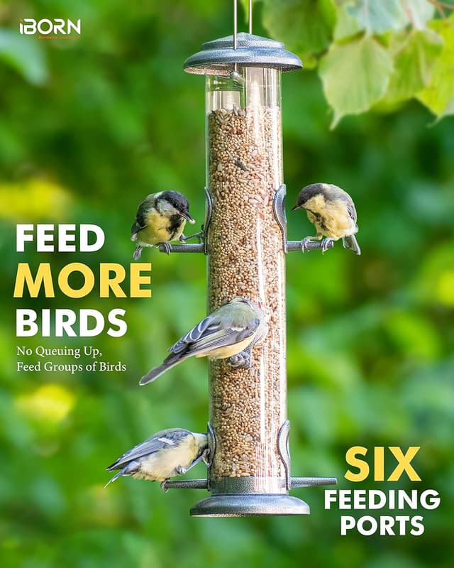 Detalle de iBorn 15 inch Metal Bird Feeder in Silver (6 feeding ports) for outdoor hanging