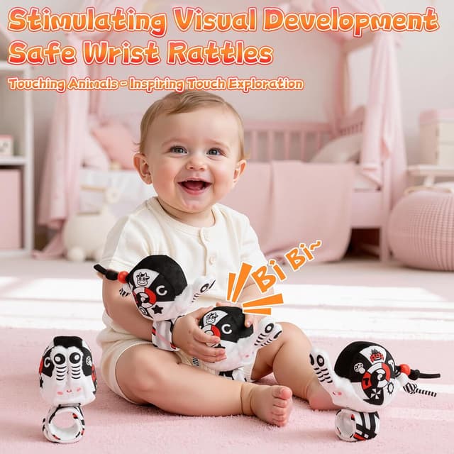 Detalle 2 de Spirale Autositz Baby Spielzeug 0–6 Monate – kontrastreiches Schwarz-Weiß-Aktivität-Set mit Handgelenk-Rassel