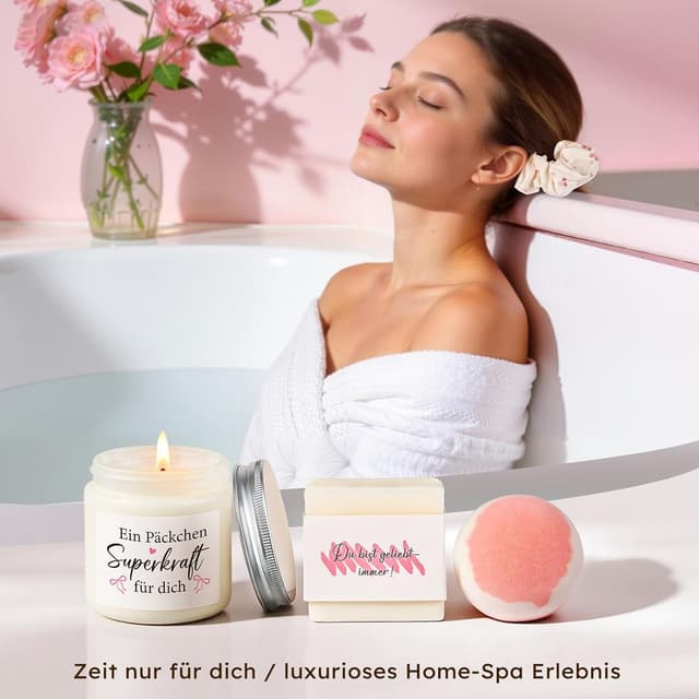 Detalle 2 de Giftota Geschenkset für Frauen – Glücksschwein Self Care Wellness Geschenkbox mit Schleifen-Glasbecher & Duftkerze