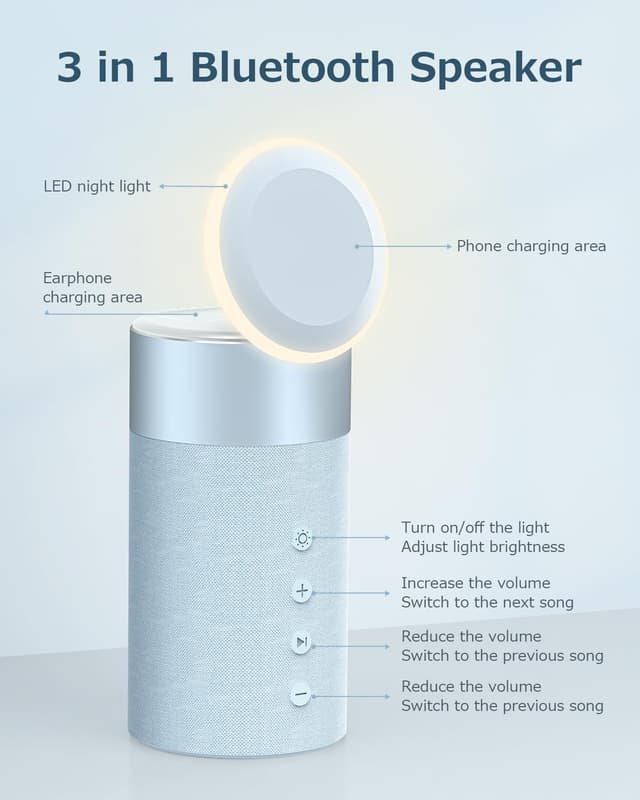 Detalle 2 de COLSUR 2-in-1 Bluetooth Speaker with Wireless Charger and Night Light (for iPhone 16/15/14/13/12 & AirPods Pro/3/2)