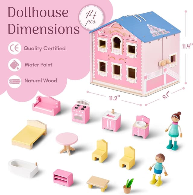 Thumbnail 3 de Giant bean Puppenhaus aus Holz faltbar, tragbar mit Möbeln (35×28×34 cm) – rosafarben ab 3 Jahren