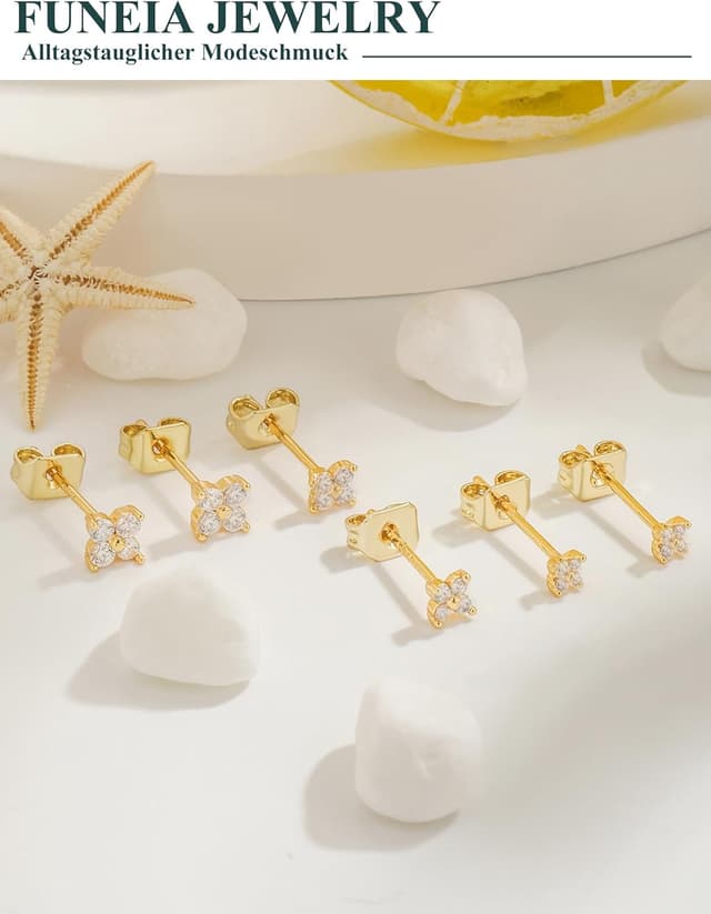 Detalle de FUNEIA 3 Paar Ohrstecker Gold-Set (14K vergoldet) mit 925er Silber, wasserfest, hypoallergen