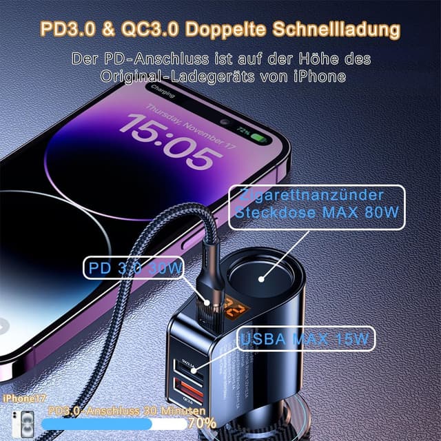 Detalle 2 de RLCWerk 4-in-1 Zigarettenanzünder-Verteiler mit USB‑C Ladegerät bis 128 W und Spannungsanzeige
