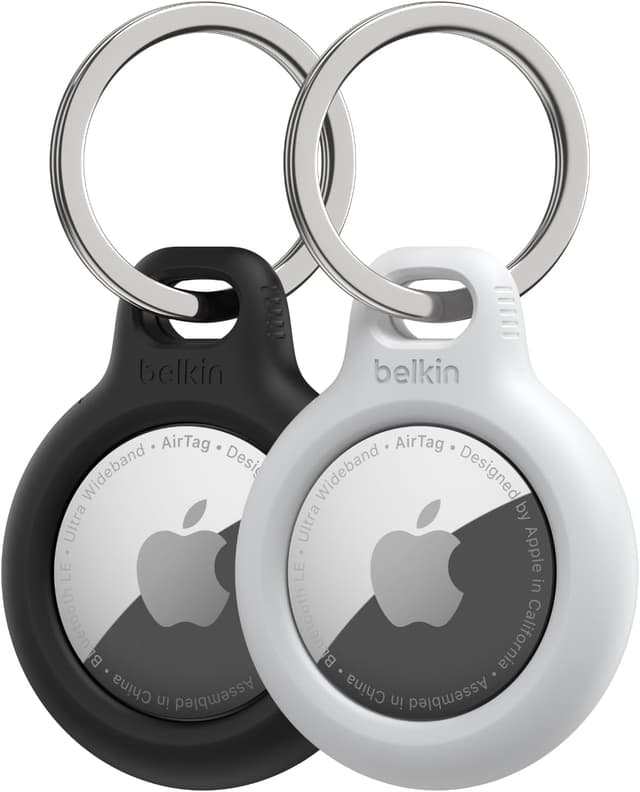 Detalle de Belkin portachiavi per Apple AirTag (2 pezzi) con custodia e anello porta AirTag, nero e bianco