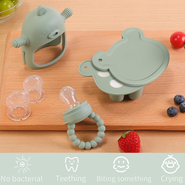 Detalle de Gedebey 6-in-1 Baby Fruit Feeder Pacifier & Baby Food Feeder Set (Silicone Popsicle Mold + Teether, 3 Sizes)