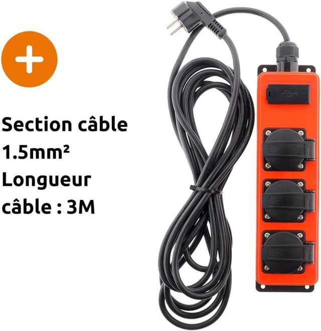 Detalle 2 de Zenitech multipresa stagna 3 prese 16A 2P+T con 2 porte USB 2,1A