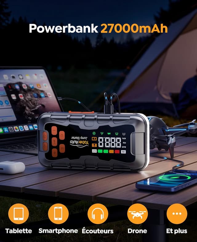 Detalle 2 de YaberAuto AP03 16 en 1 : booster batterie 12V 8000A avec compresseur 160 PSI et batterie 27000 mAh