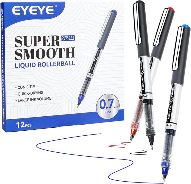 Detalle de Lot de 12 stylos roller à encre liquide EYEYE – pointe moyenne 0,7 mm, séchage rapide, 3 couleurs