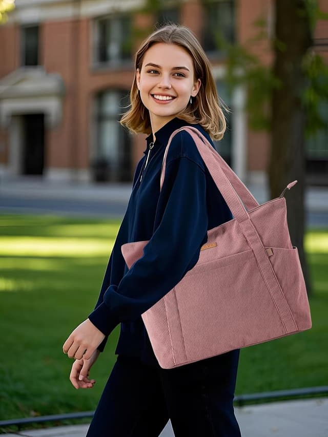 Detalle de Lekespring Cord Tasche Damen – große Tote Bag mit Reißverschluss und 15,6-Zoll-Laptopfach (Rosa)