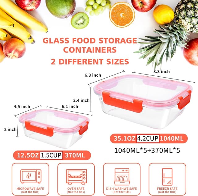 Detalle 2 de MEETOZ 10 Pack Glass Meal Prep Containers