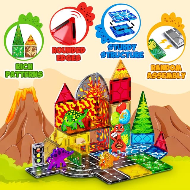 Detalle 2 de Dinosaur Toys Magnetic Tiles Set (44 PCS) for Kids Ages 3–5 and Up — Lava Dinosaur World Magnetic Building Playset