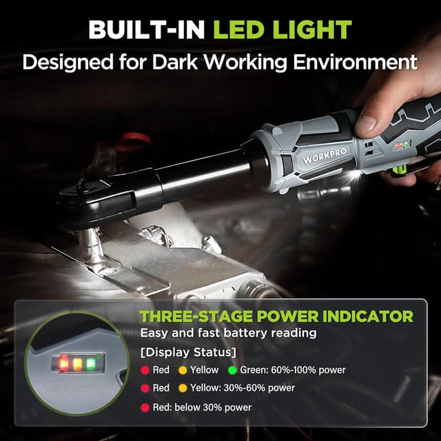 Thumbnail 6 de WORKPRO chiave a cricchetto elettrica senza fili 12V 3/8” 55 Nm con LED e set 2 batterie da 2,0 Ah